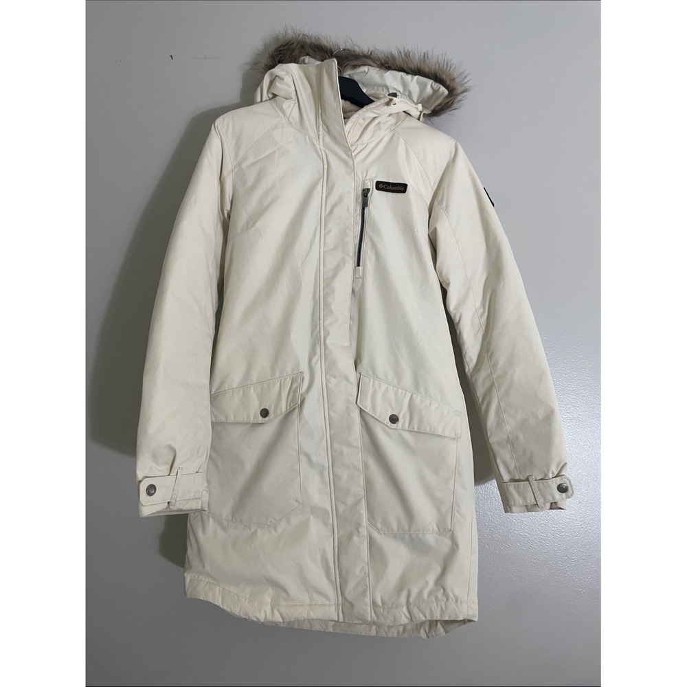 Columbia Parka Jacket Cream Faux Fur Hood Omni-Heat Small Winter Coat